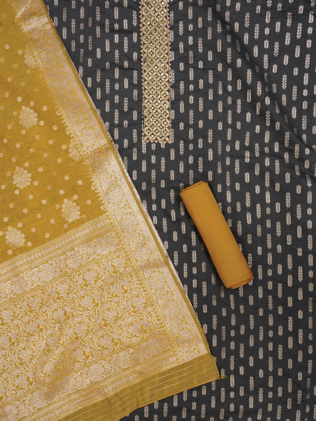 Grey Unstitched Silk Blend Embellished Dress Material With Dupatta